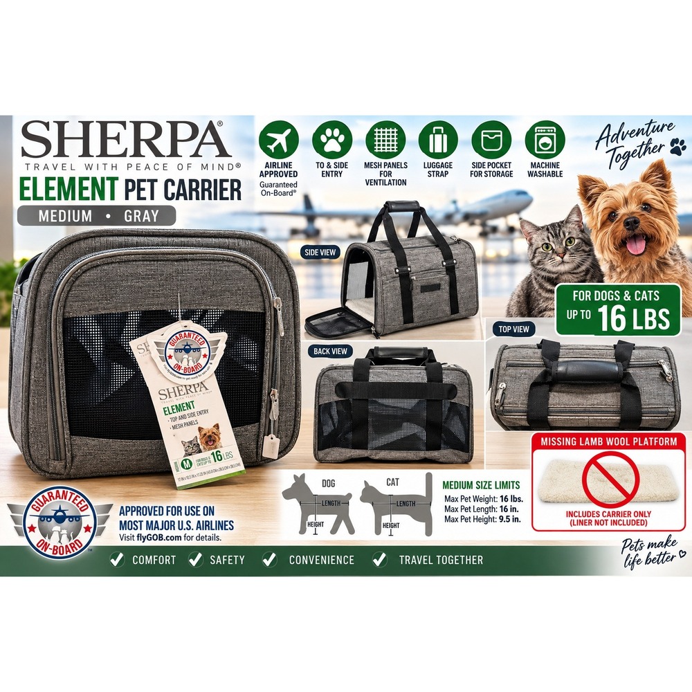 Sherpa Element Pet Carrier Medium Gray Airline Approved 16lb Missing Pad